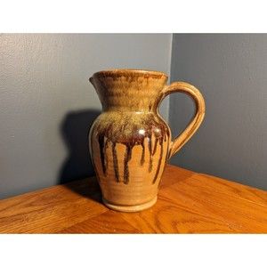 Vintage Signed mid century pottery earthenware Stoneware Pitcher Vase